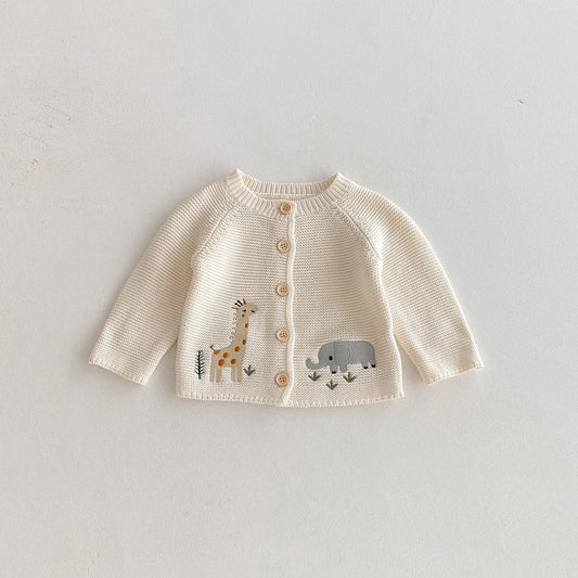 Giraffe Elephant Embroidery Knit Cardigan