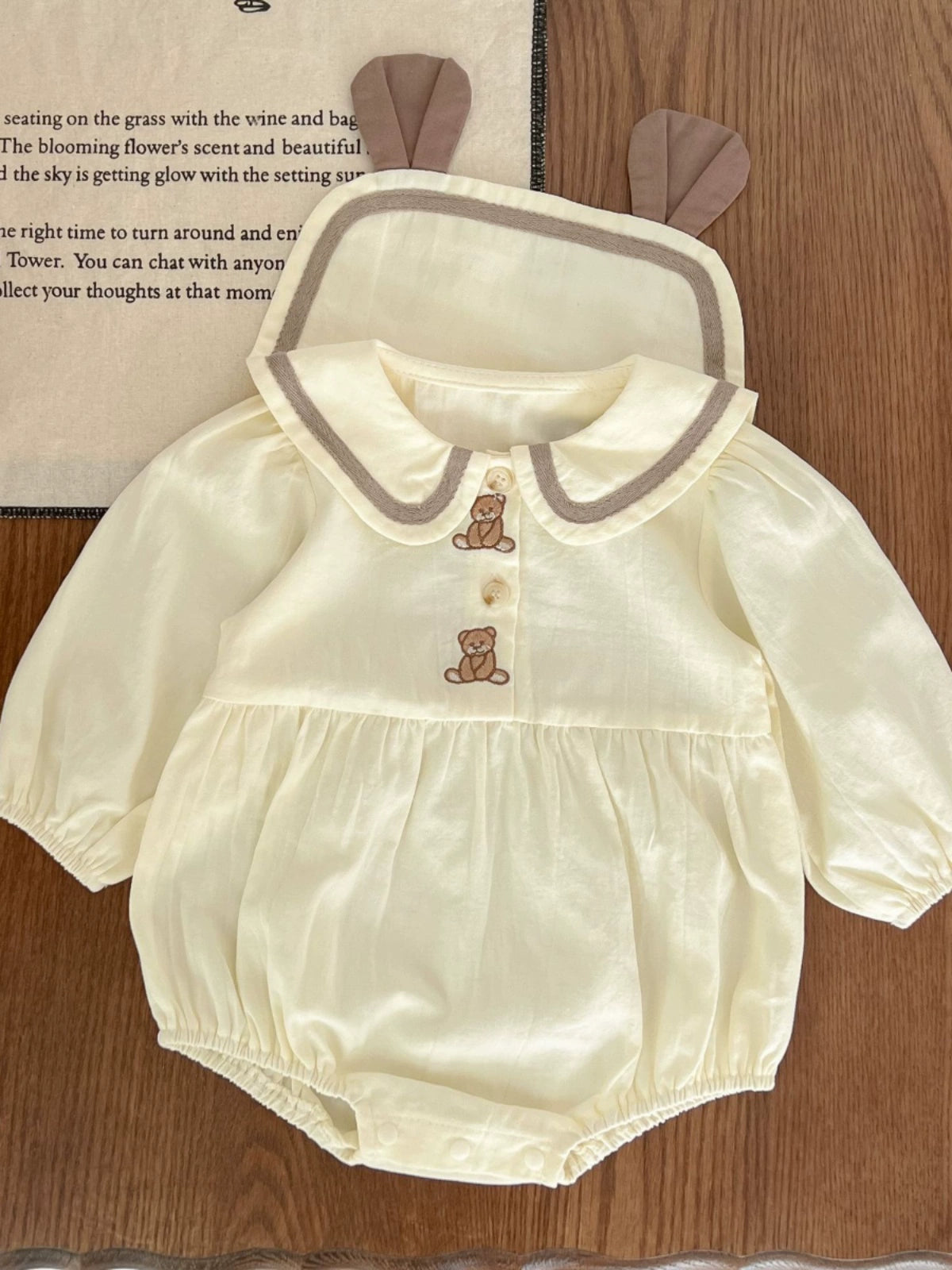 Bear Embroidery Ear Collar Romper
