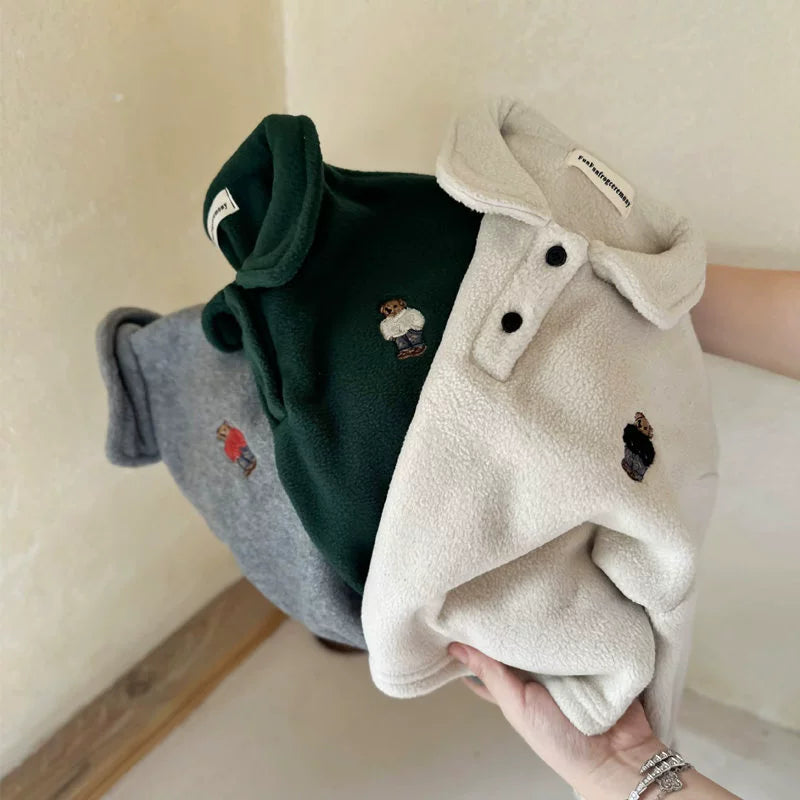 Bear Embroidery Polo Velvet Sweater