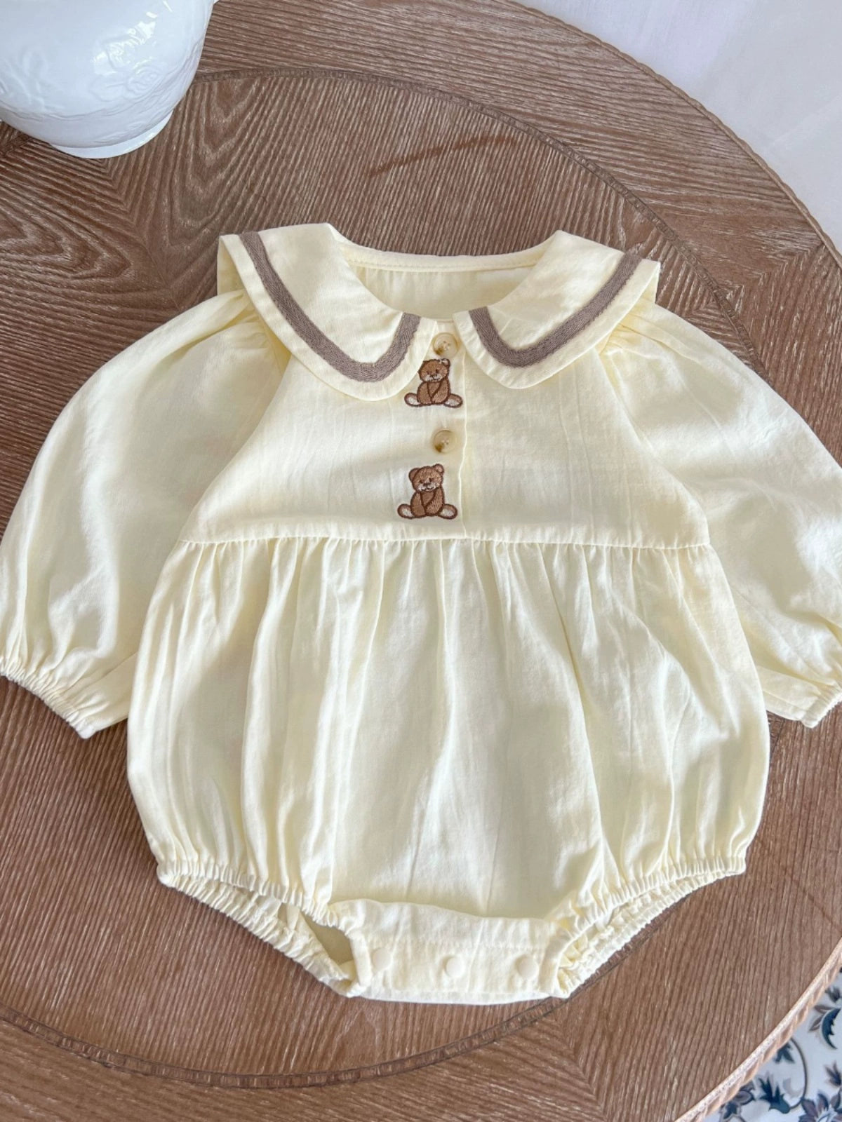 Bear Embroidery Ear Collar Romper