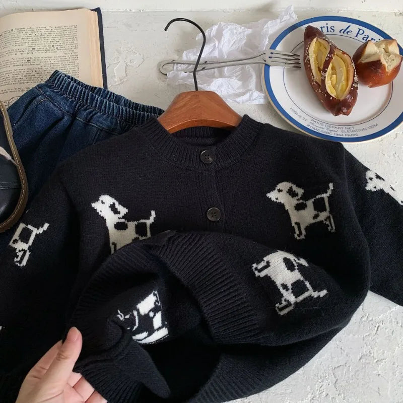 Boys Black Dog Knit Cardigan
