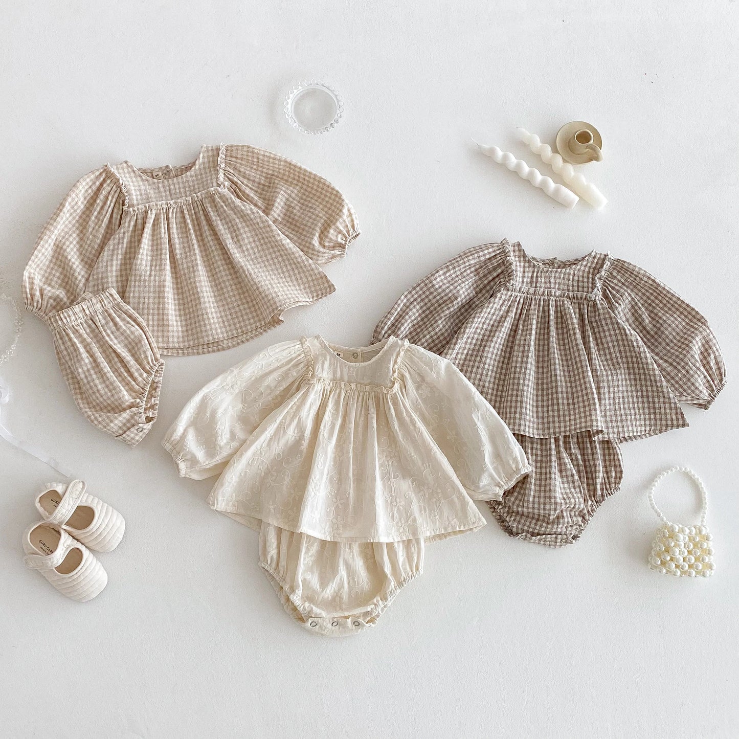 Cotton Plaid Lace Blouse Set