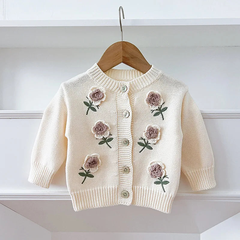Floral Embroidery Patch Cotton Knit Cardigan