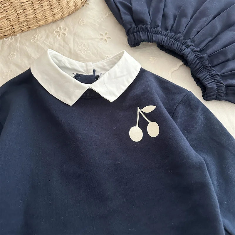 Navy Blue Cherry Collar Sweatshirt
