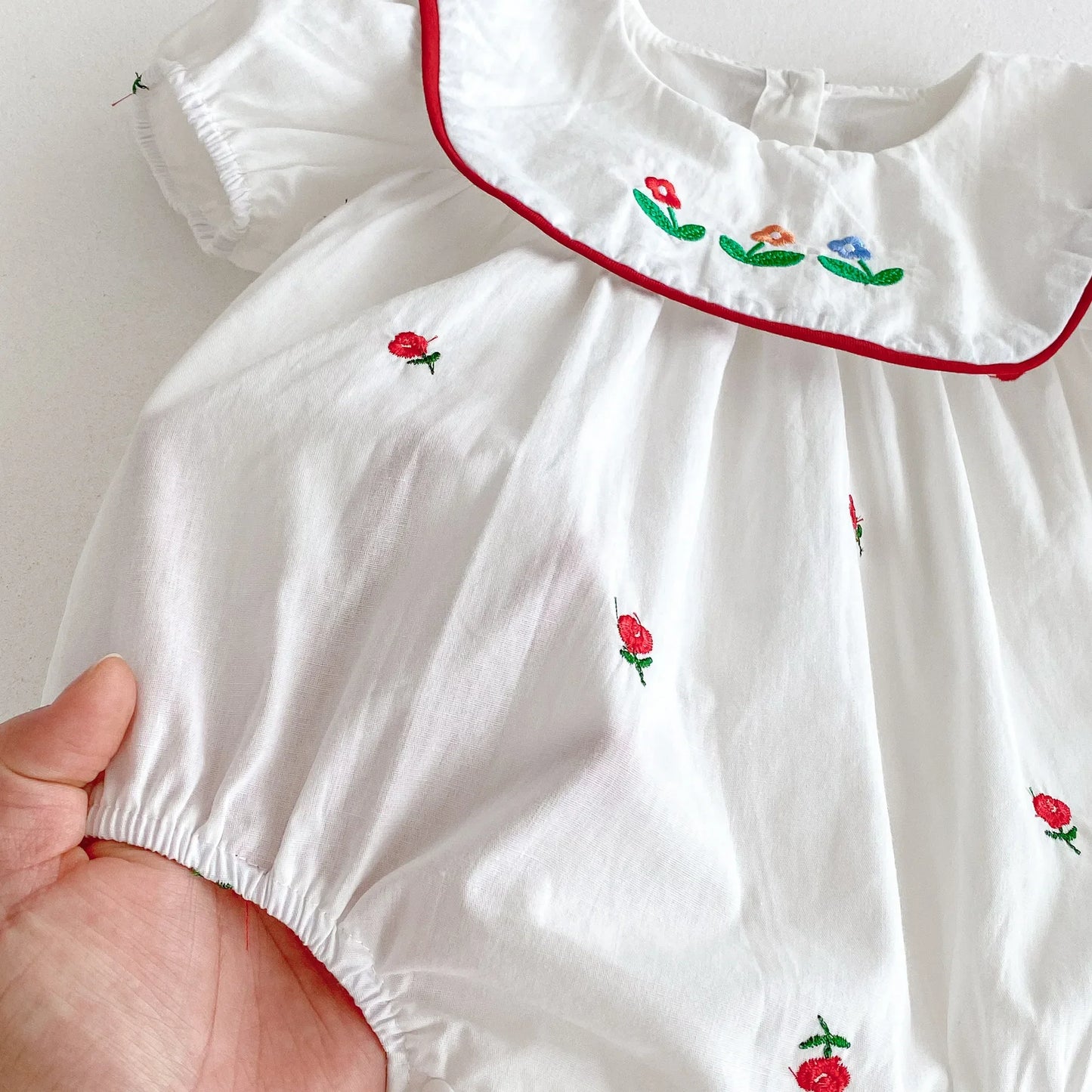 Red Floral Embroidery Square Collar Romper