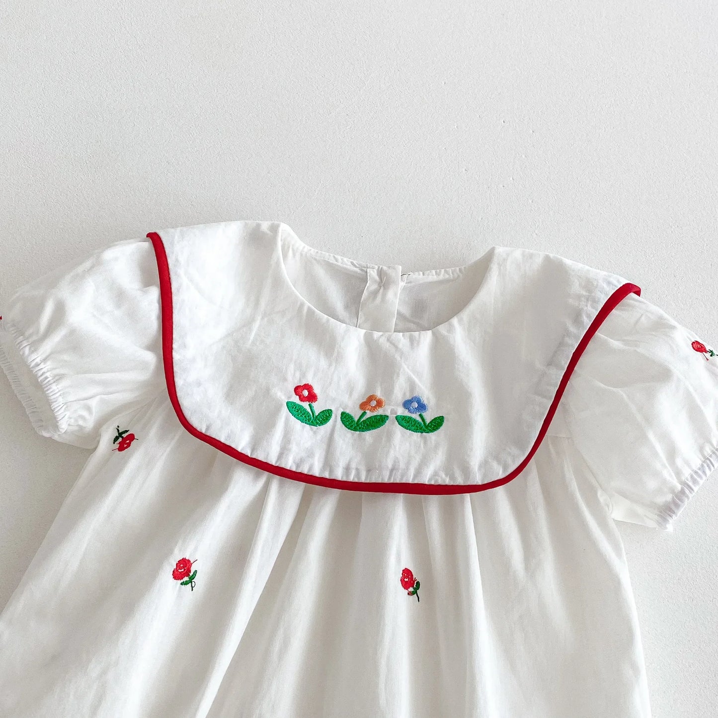 Red Floral Embroidery Square Collar Romper
