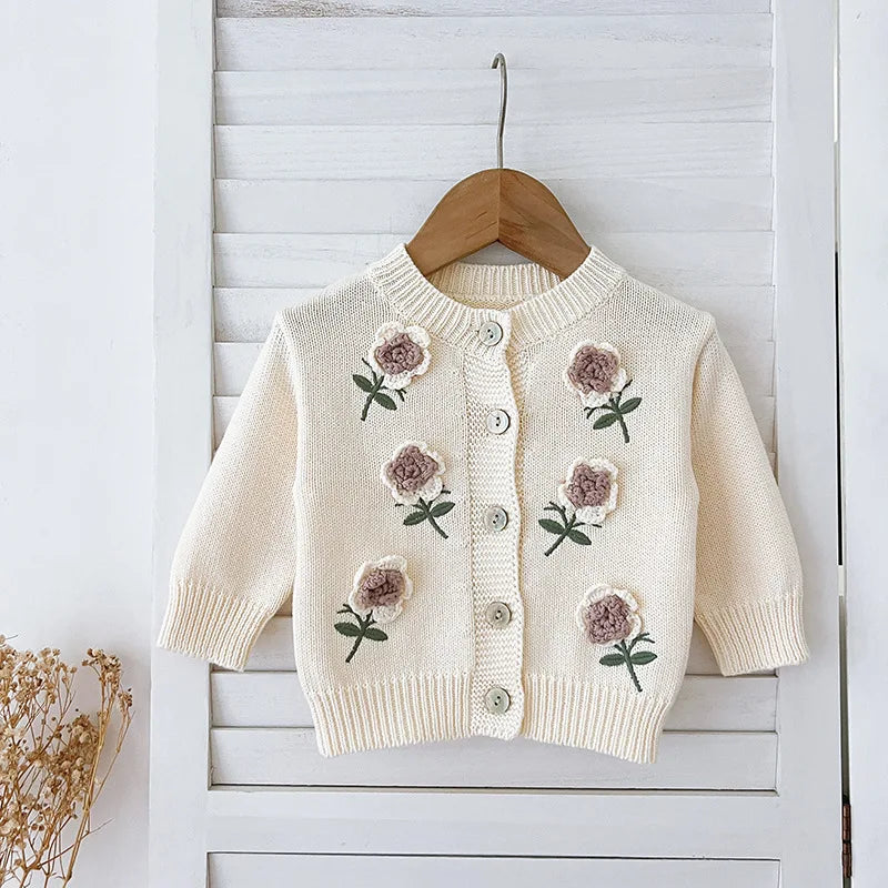 Floral Embroidery Patch Cotton Knit Cardigan