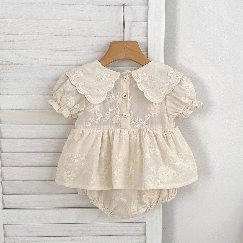 Floral Embroidery Peter Pan Collar Romper Dress