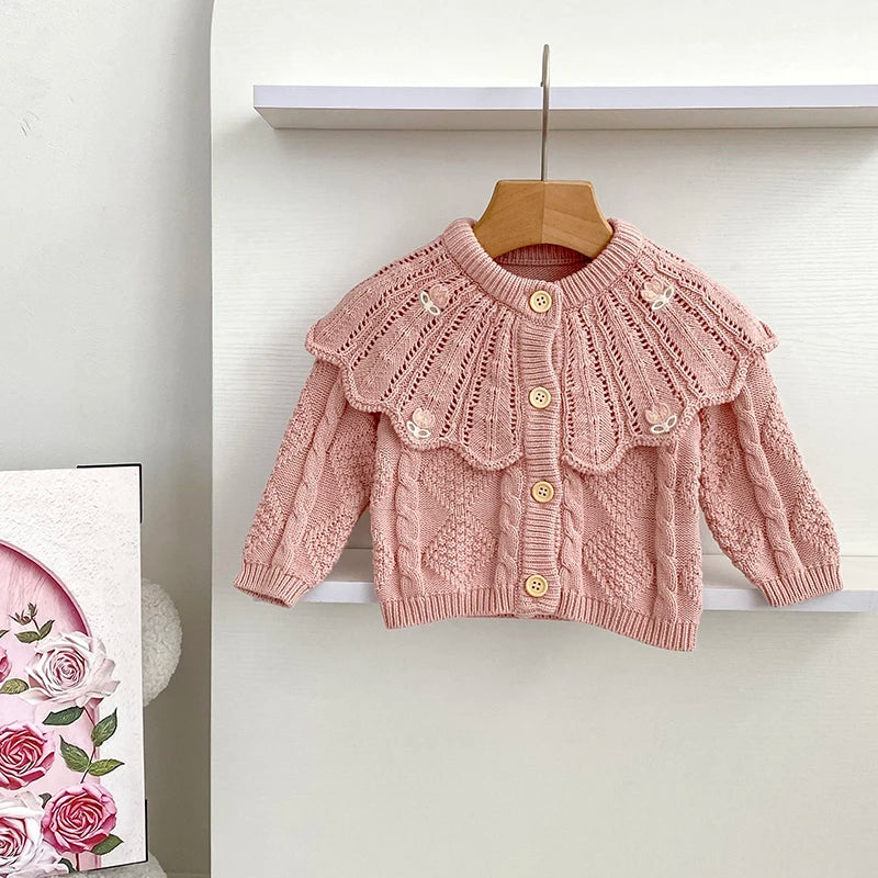 Hollow Out Floral Embroidery Ruffle Collar Cardigan