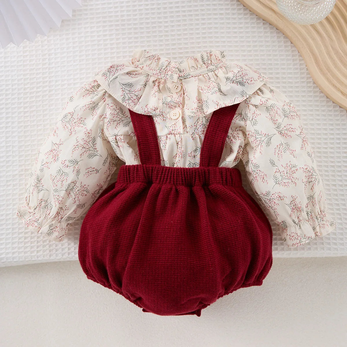 Red Floral Big Collared Blouse Set