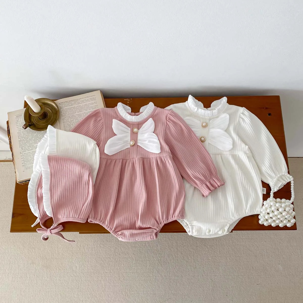 Big Bow Standing Collar Romper and Hat