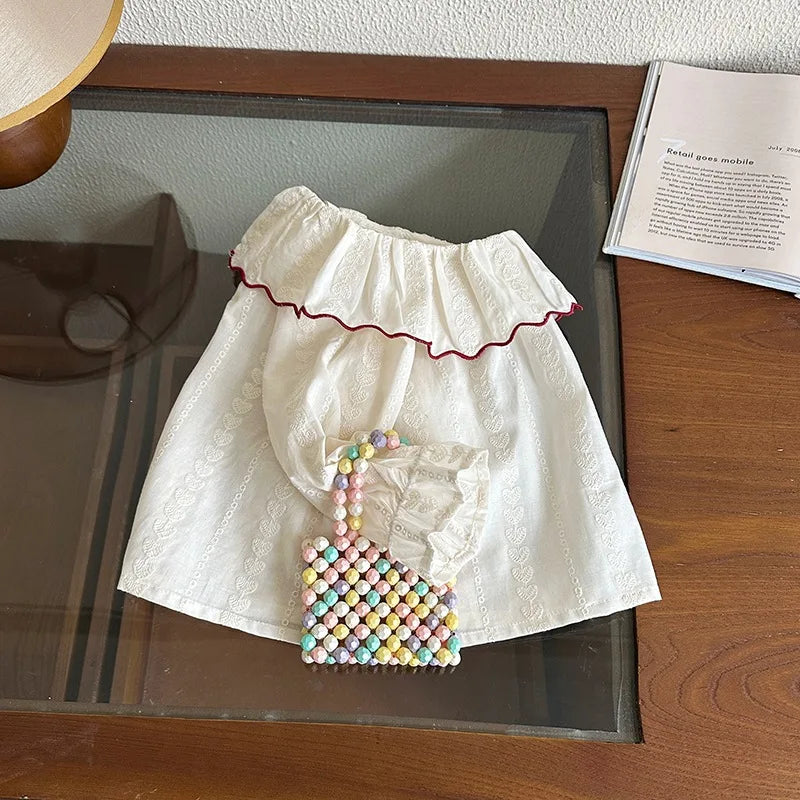 Red Collared Heart Embroidery Blouse