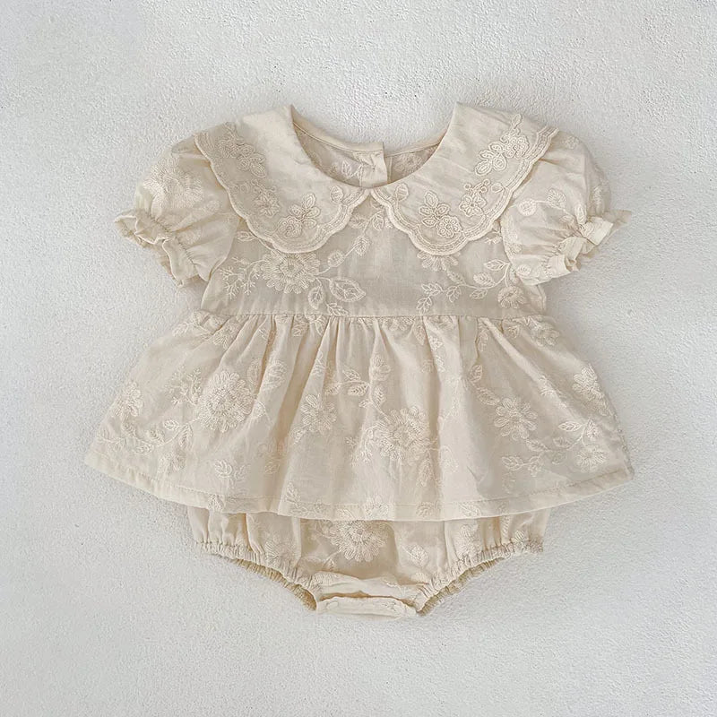 Floral Embroidery Peter Pan Collar Romper Dress