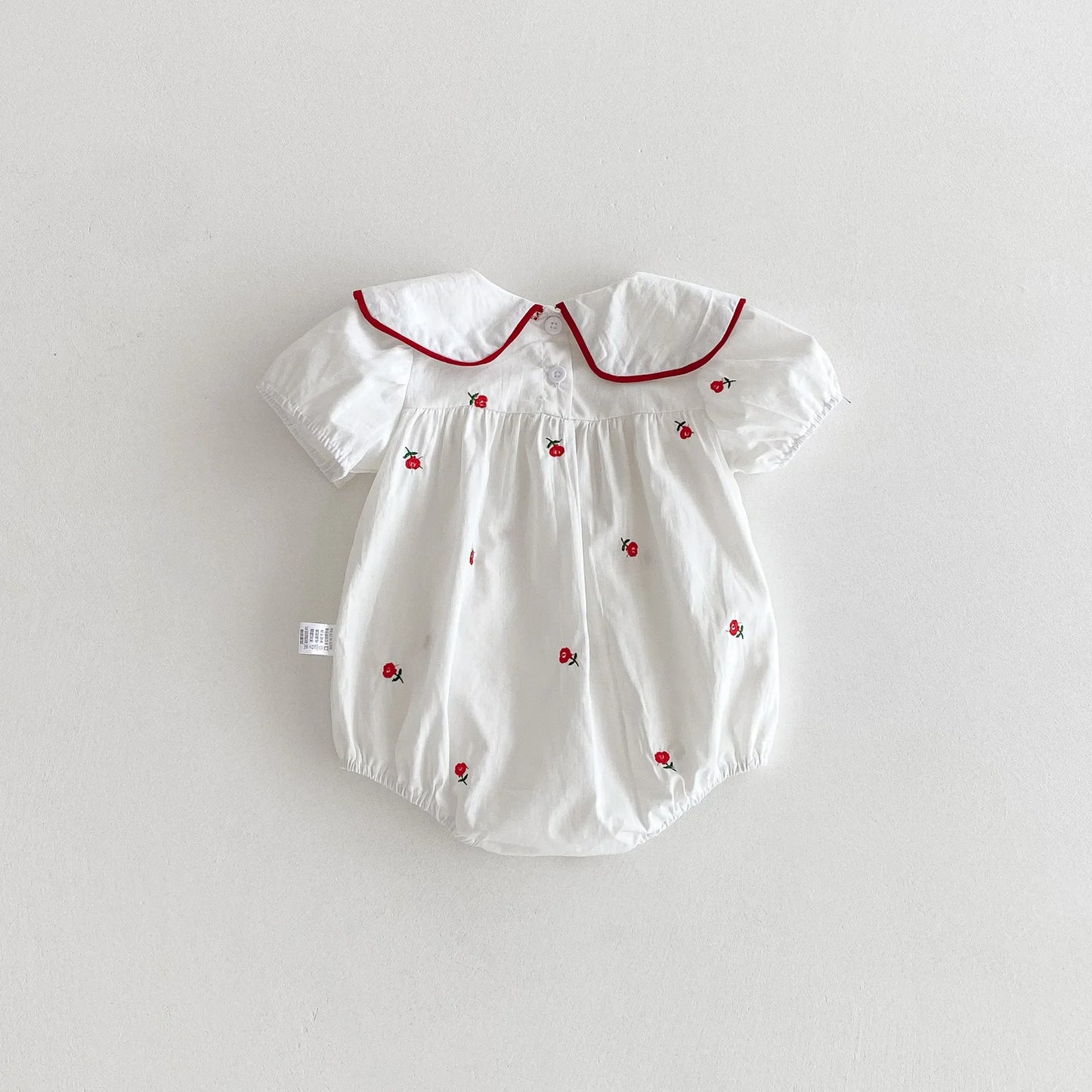 Red Floral Embroidery Square Collar Romper