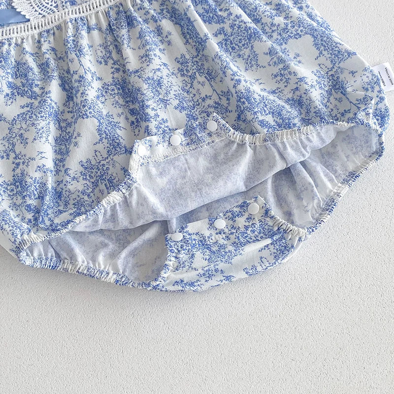 Blue Floral Print Sleeveless Laced Romper