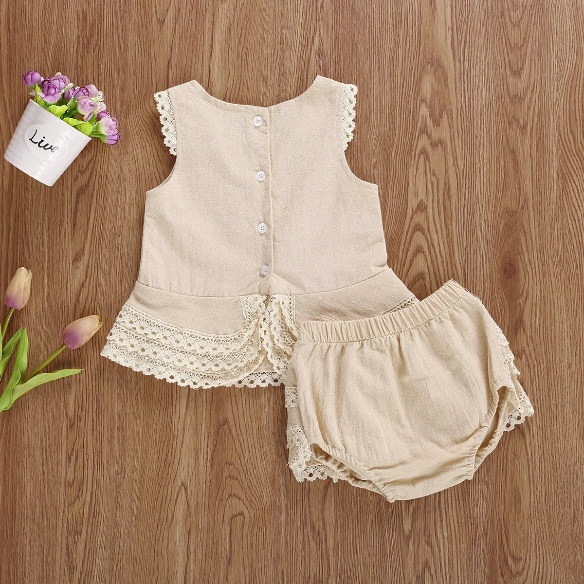 Khaki Lace Vest and Layered Hem Skirt