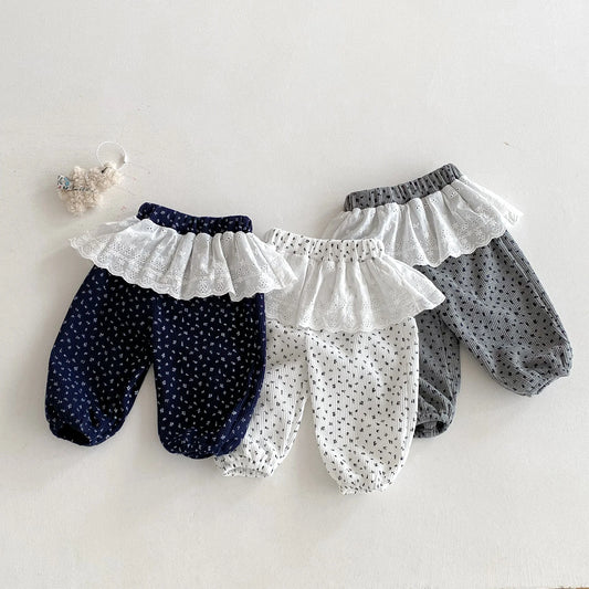 Floral Embroidery Laced Pants