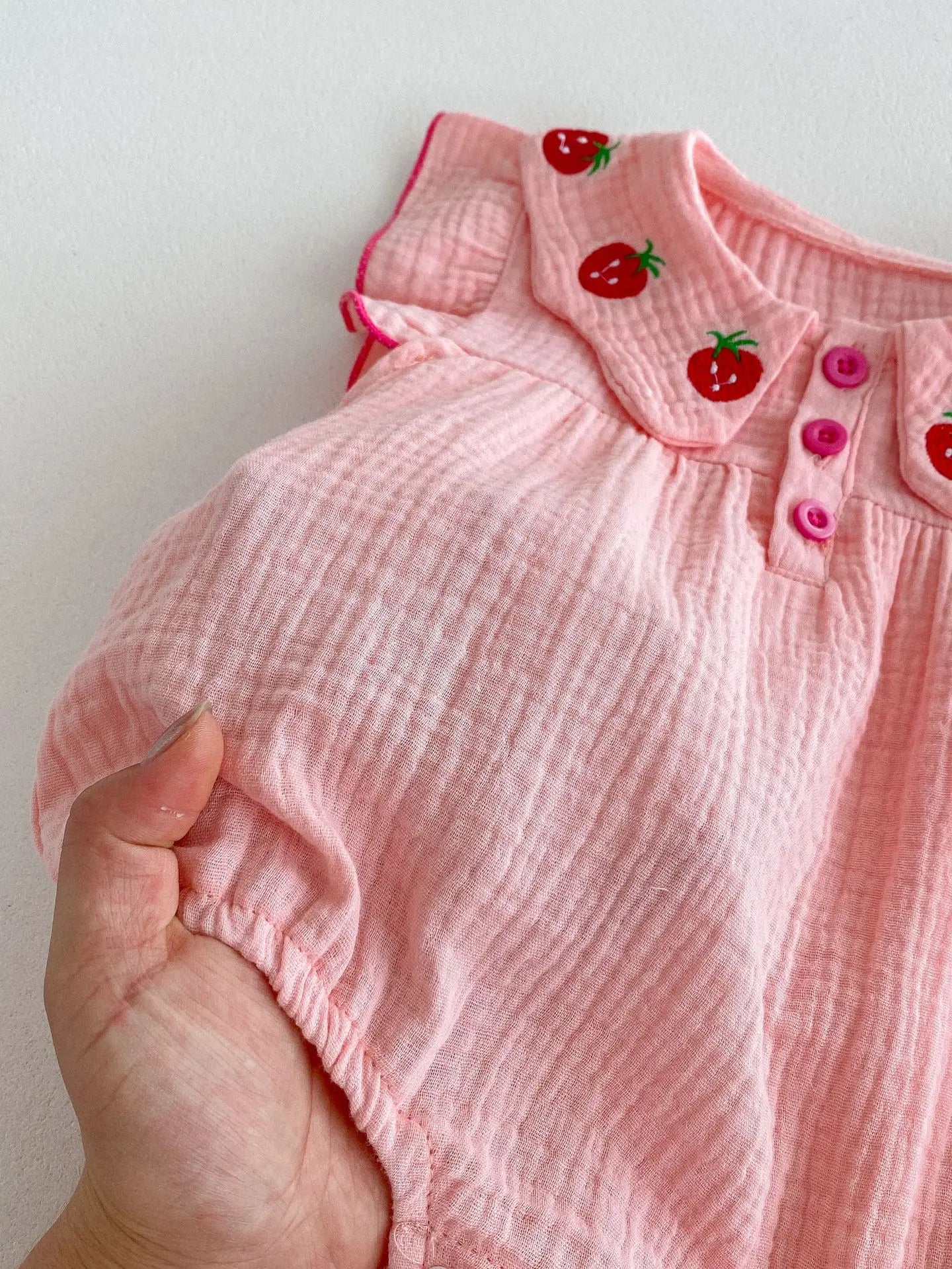 Pink Strawberry Embroidery Romper and Headband