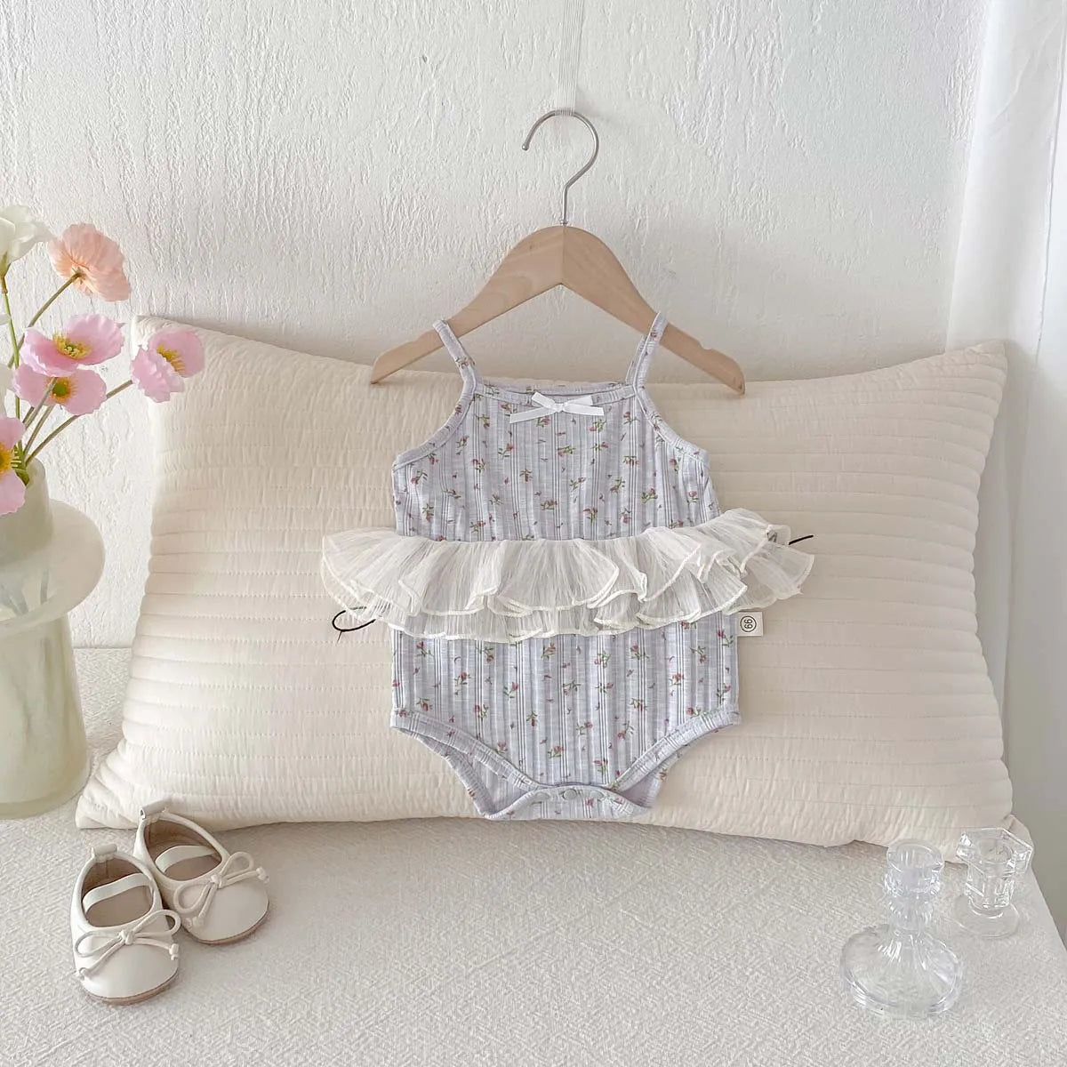 Floral Lace Stitching Bow Sling Bodysuit