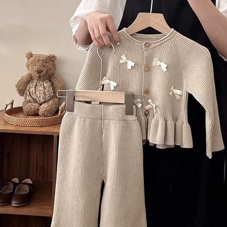 Girls Khaki Bow Knit Set