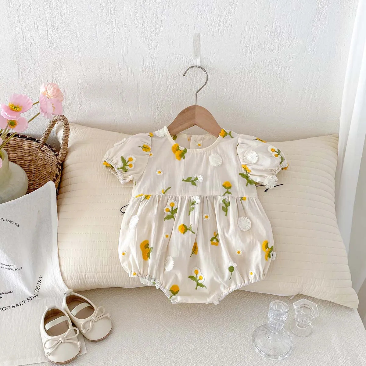 Yellow Small Floral Embroidery Romper