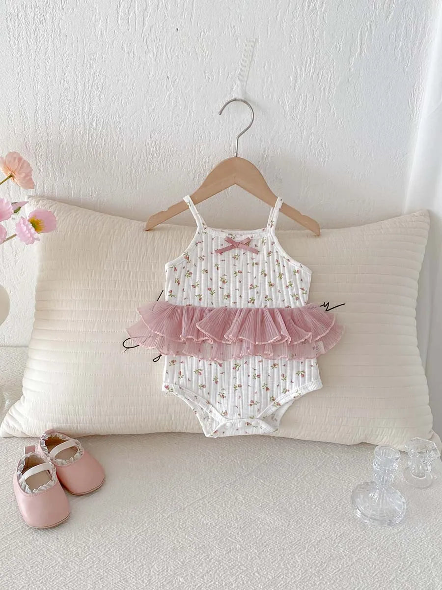Floral Lace Stitching Bow Sling Bodysuit