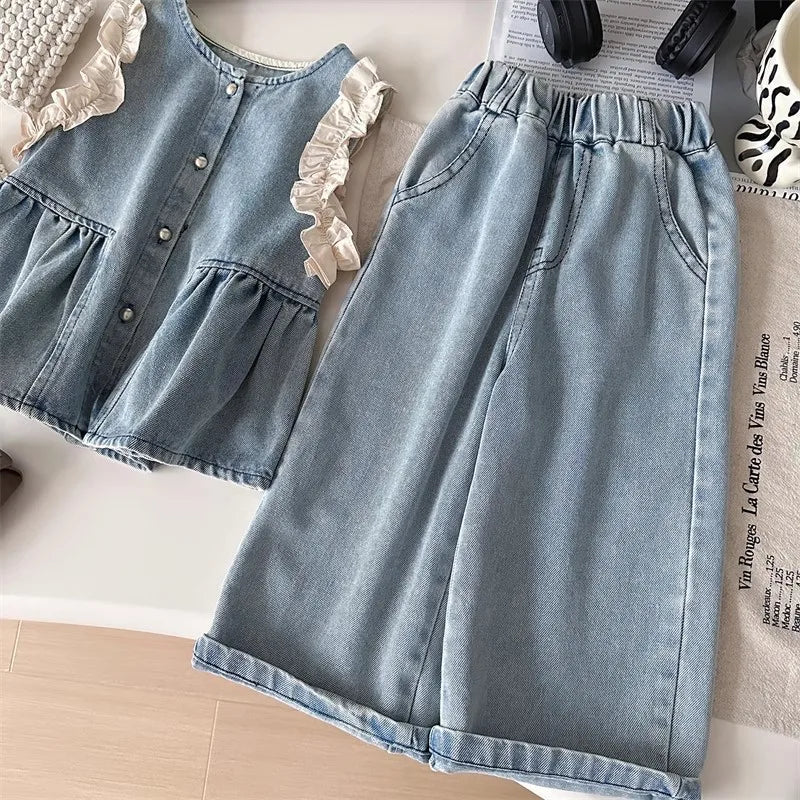 Girls Cowboy Vest Wide Leg Pants Set