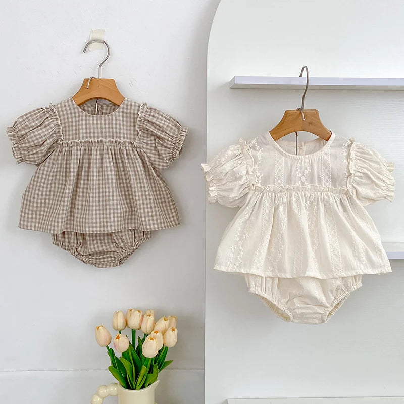 Embroidery Grid Puff Sleeve Set