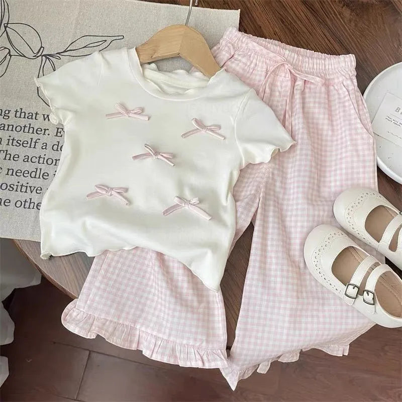 Girls Bow Top and Plaid Pants Set