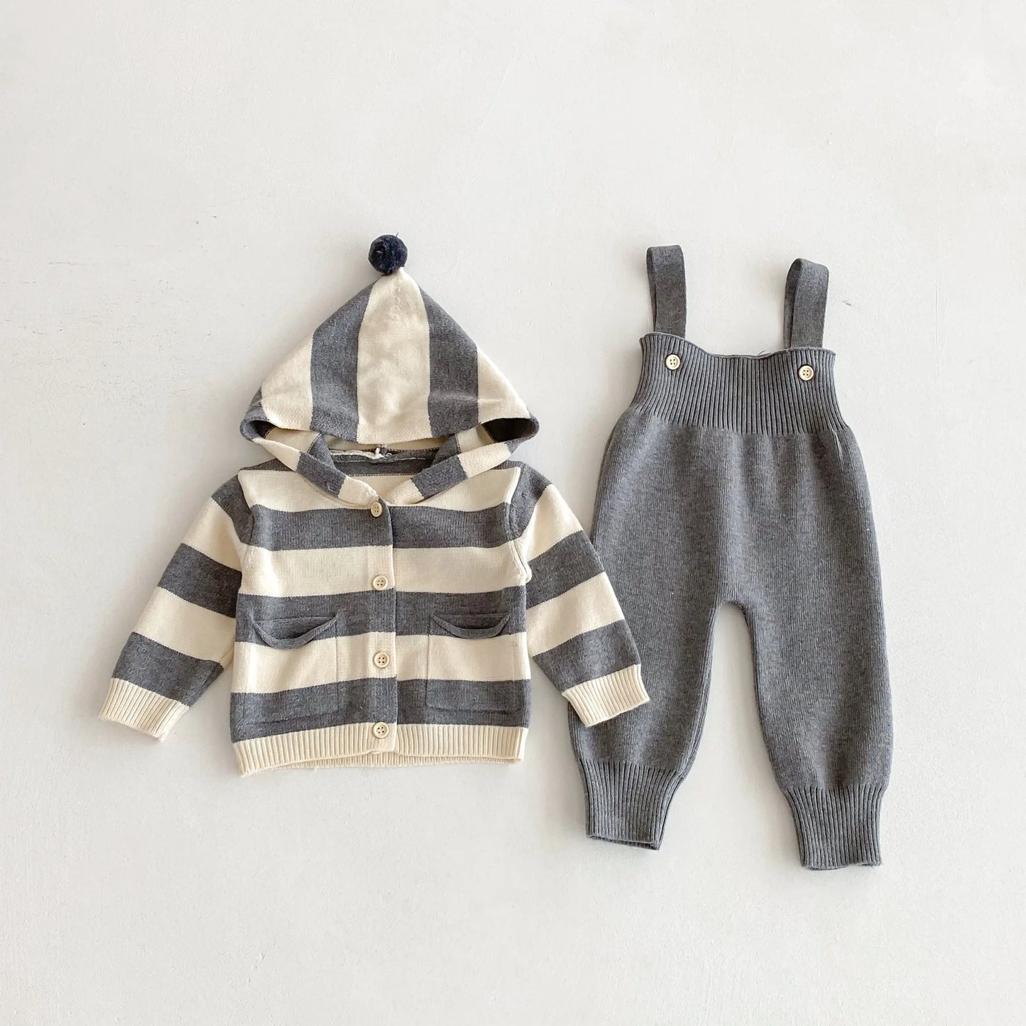 Knit Striped Overalls Set