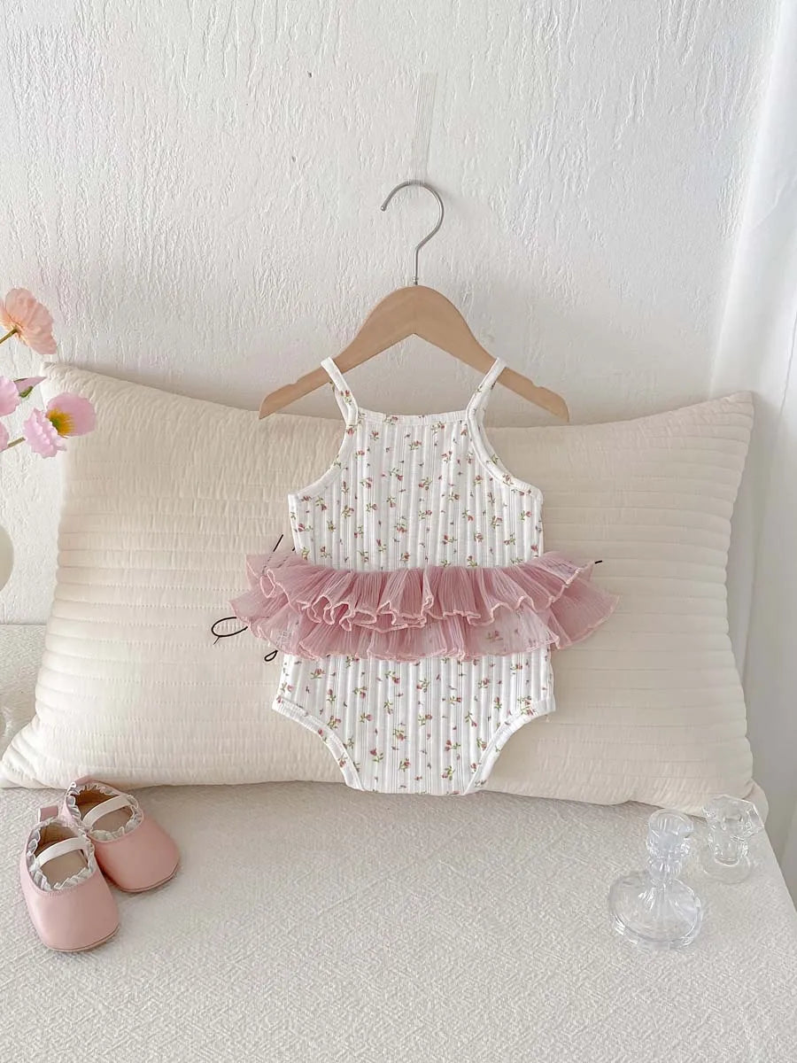 Floral Lace Stitching Bow Sling Bodysuit