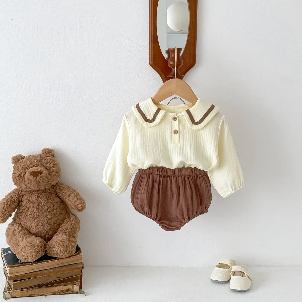 Cotton Navy Collar Solid Wrinkled Set