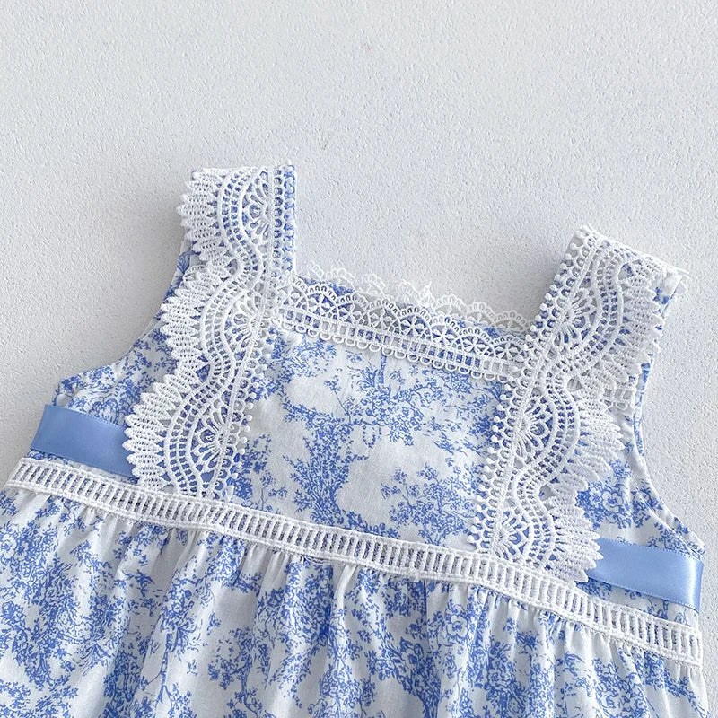 Blue Floral Print Sleeveless Laced Romper
