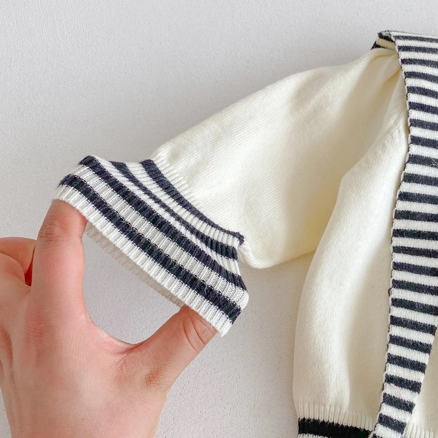 Navy Striped Collar Pom-Pom Knit Cardigan