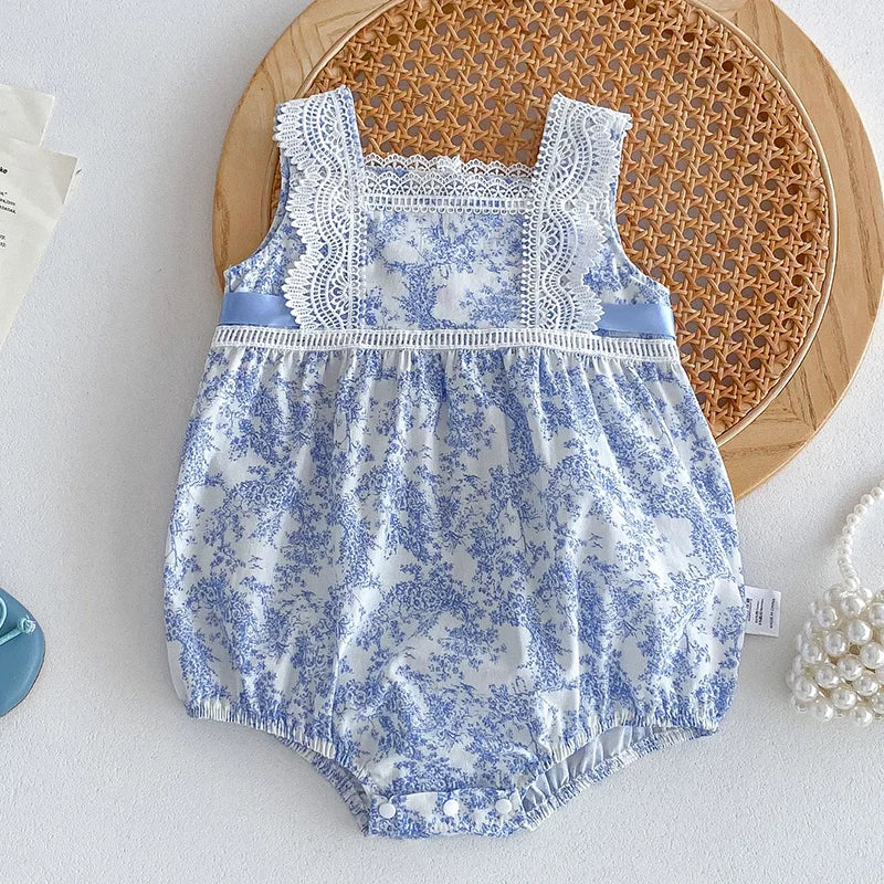 Blue Floral Print Sleeveless Laced Romper