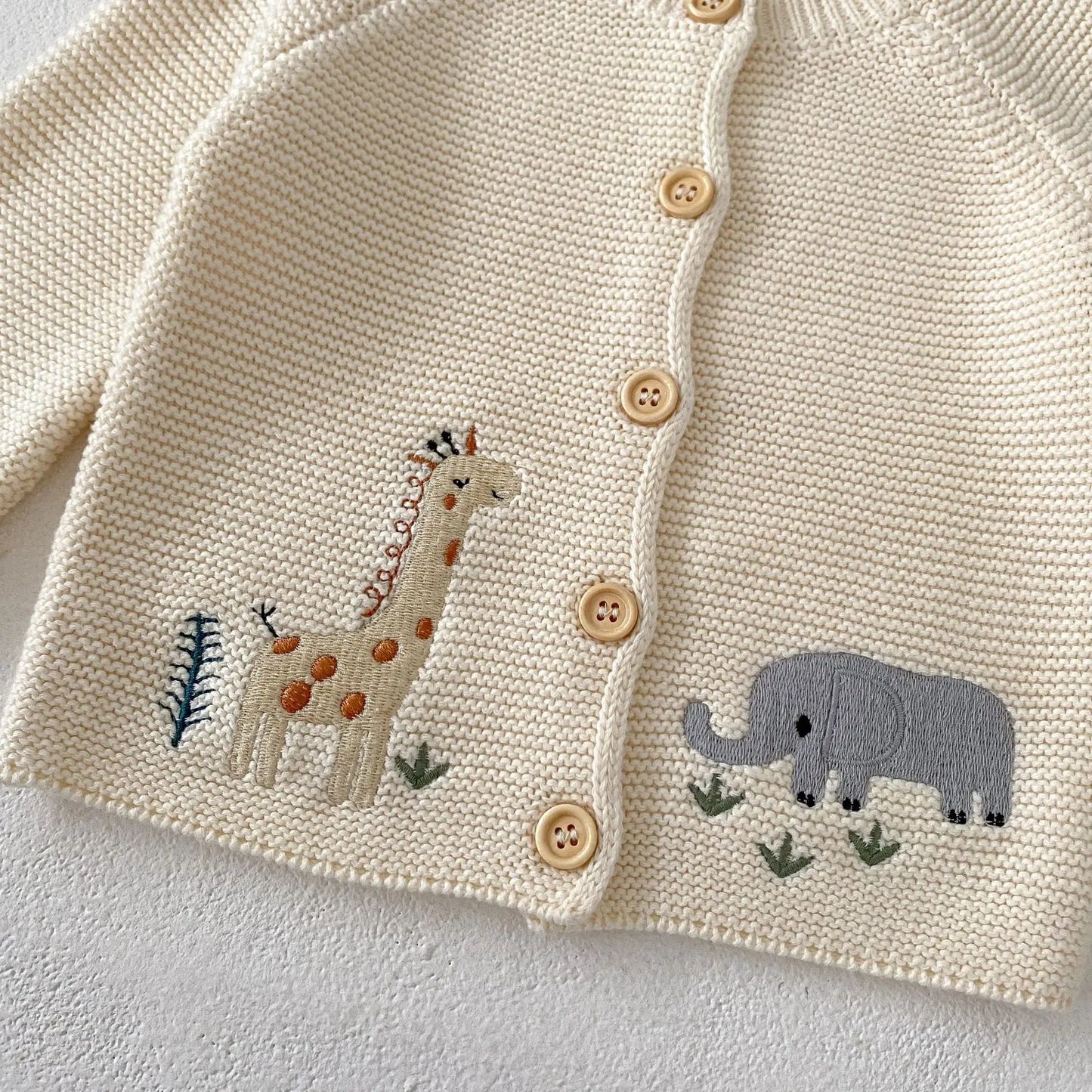 Giraffe Elephant Embroidery Knit Cardigan