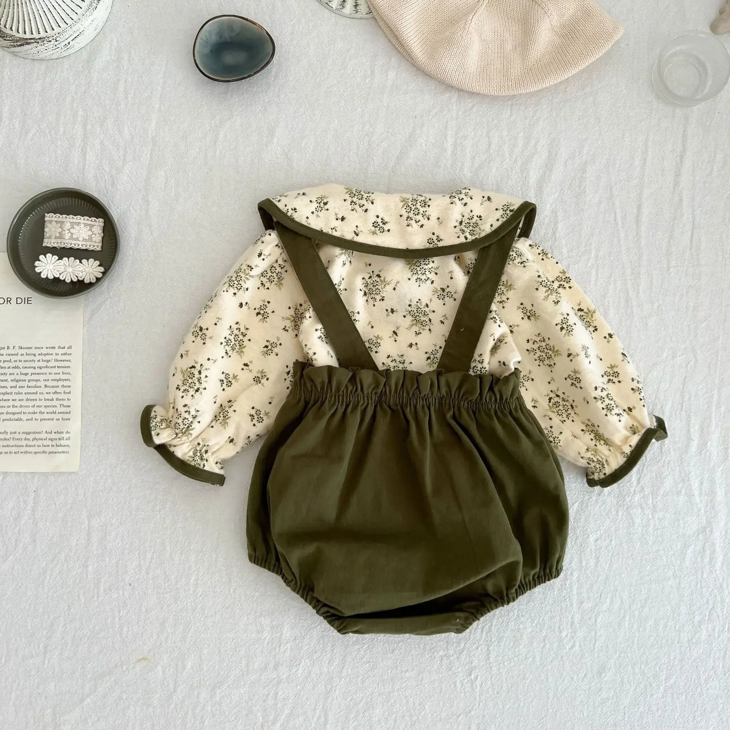 Forest Green Floral Blouse and Strap Bloomer Set