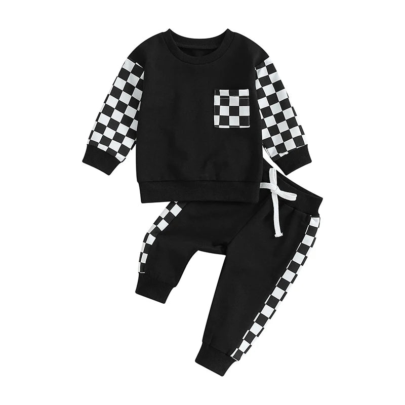 Checker Print Drawstring Sweatsuit Set