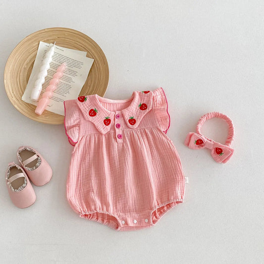 Pink Strawberry Embroidery Romper and Headband