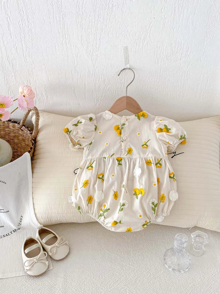 Yellow Small Floral Embroidery Romper
