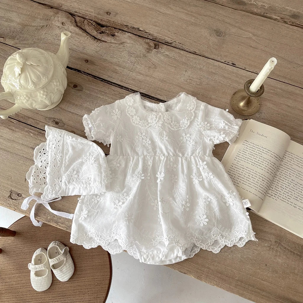White Floral Embroidery Dress Romper