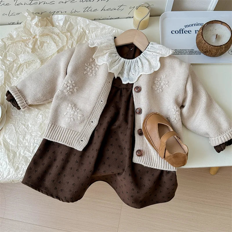 Brown Floral Knit Cardigan and Dress