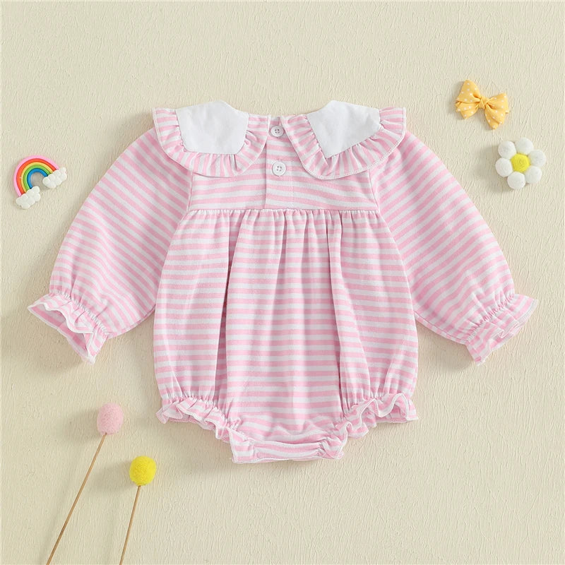 Doll Collar Bow Embroidery Striped Romper