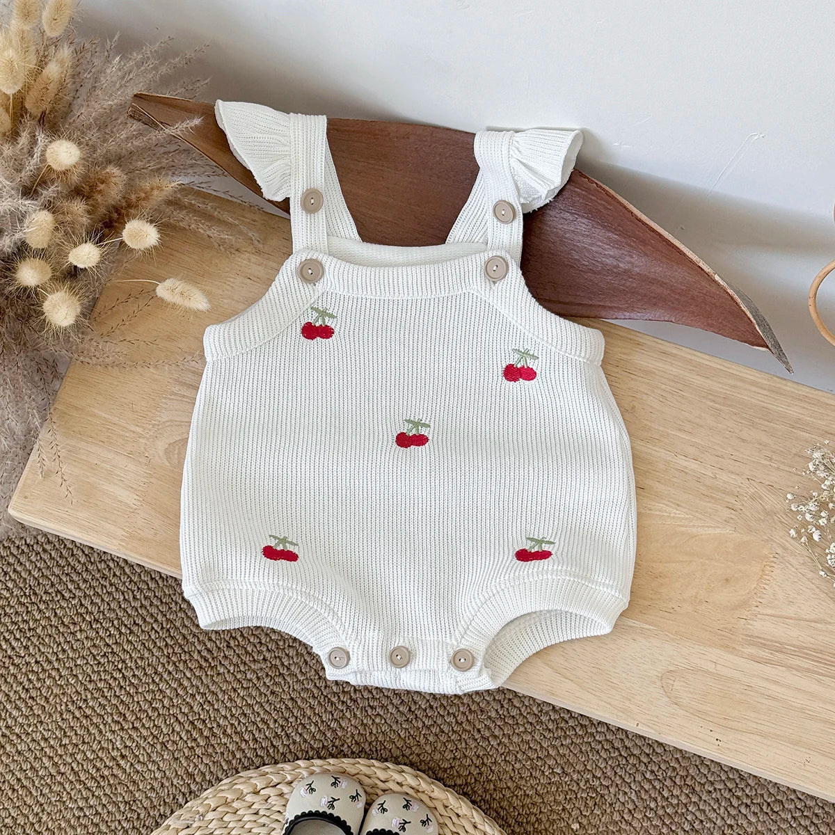 Cherry Embroidery Bubble Knit Romper