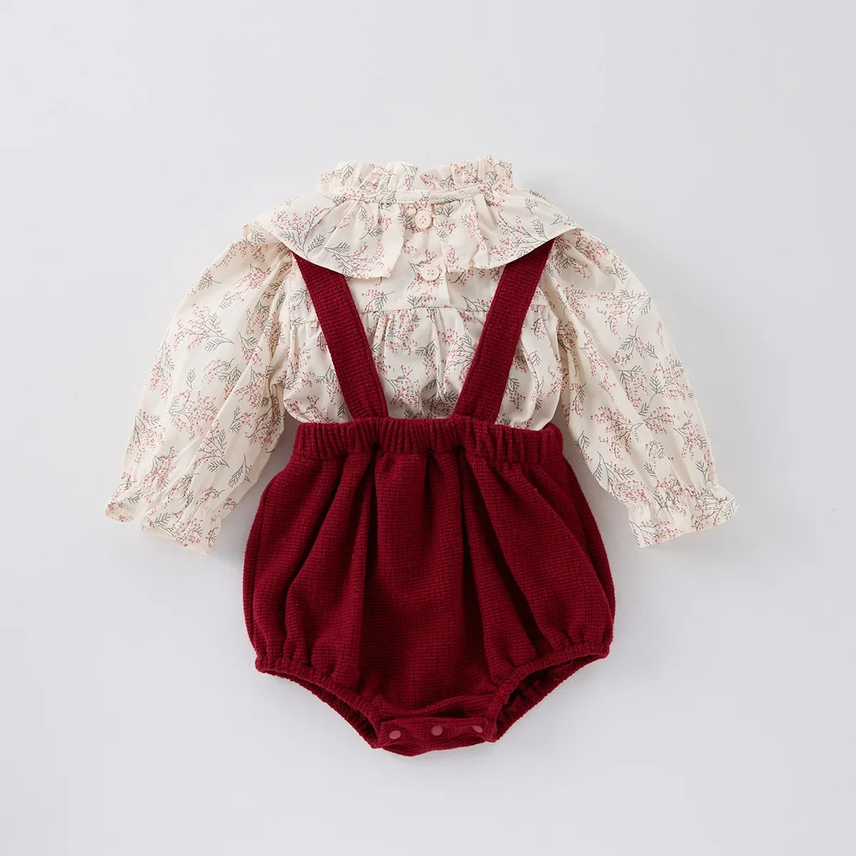 Red Floral Big Collared Blouse Set