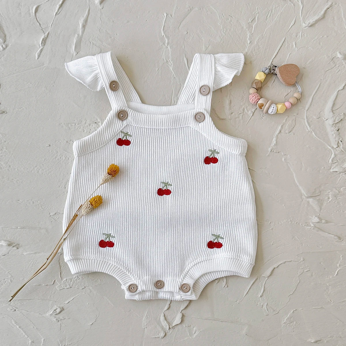 Cherry Embroidery Bubble Knit Romper