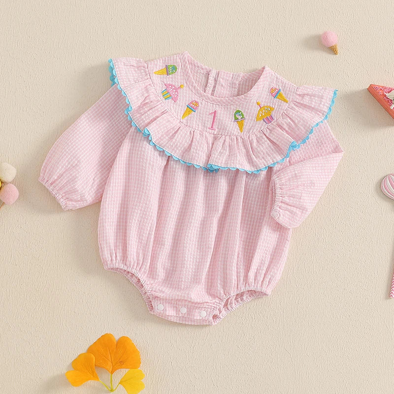 Plaid First Birthday Ice Cream Embroidery Romper