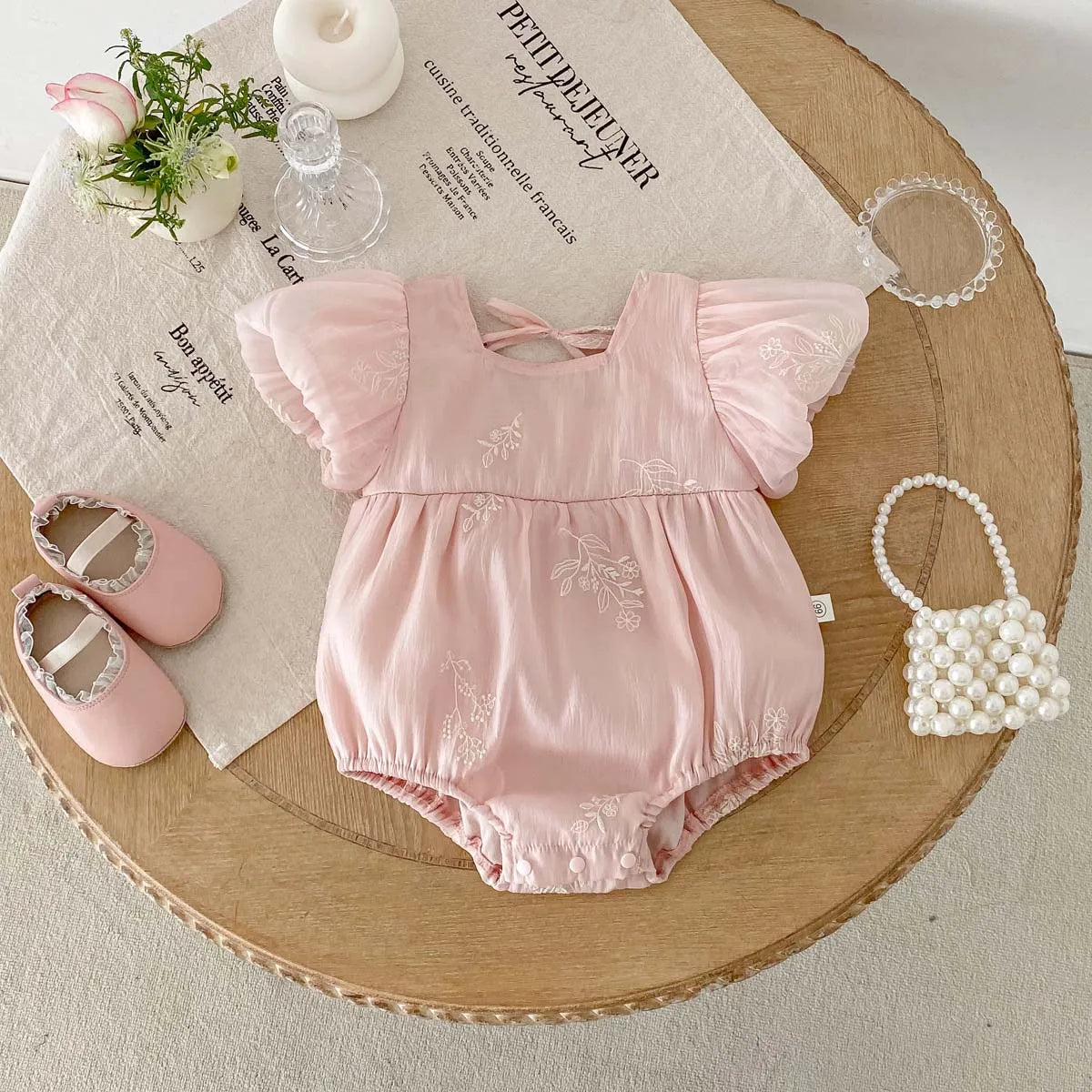 Pink Bubble Sleeve Embroidery Romper