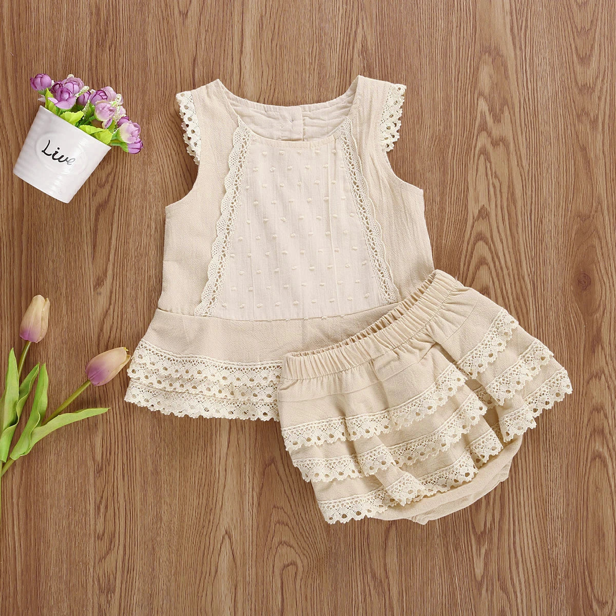 Khaki Lace Vest and Layered Hem Skirt