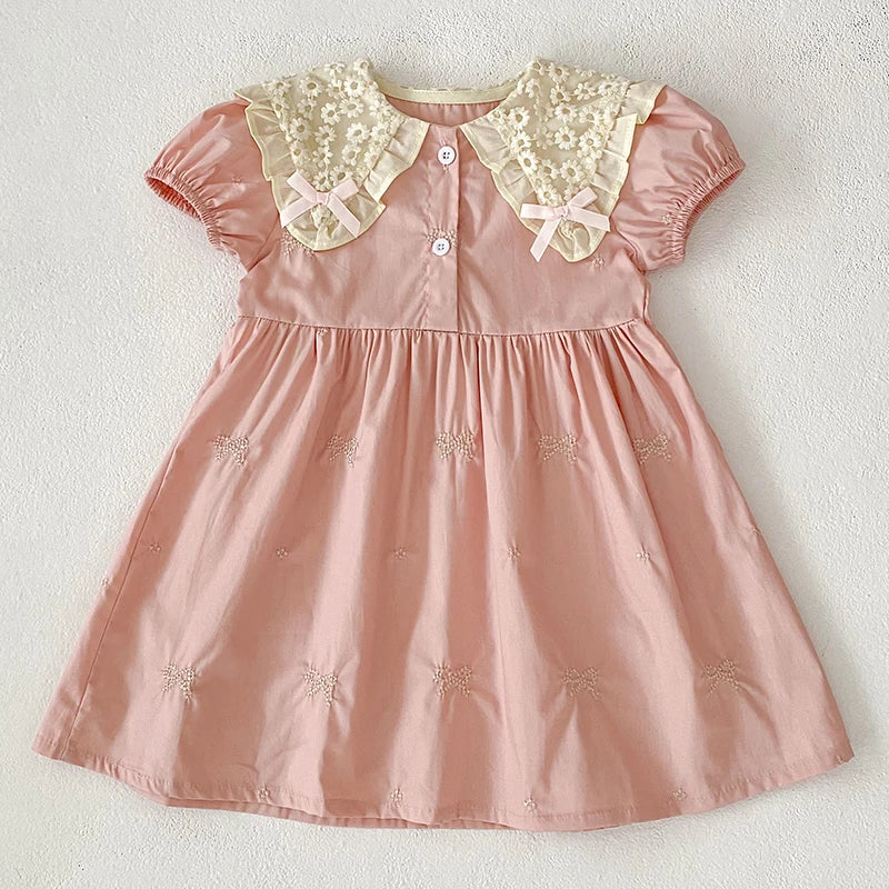 Pink Laced Collar Embroidery Dress